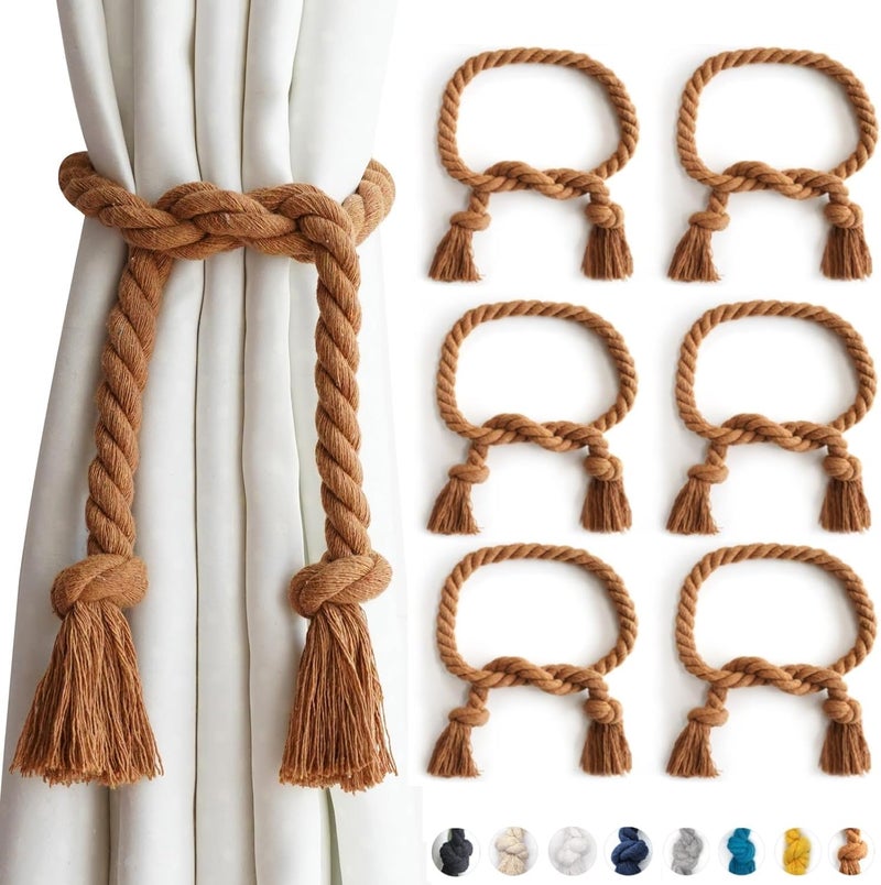 Yteseery 6 Pack Coffee Outdoor Curtain Tiebacks Rope, Natural Cotton Curtain Holders, Village Rural Rustic Curtain Holdbacks, Farmhouse Nautical Curtain Rope Tie Back for Drapery Patio - Image 1